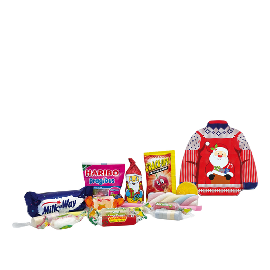 Boite métal en forme de pull décor noël garni de confiseries