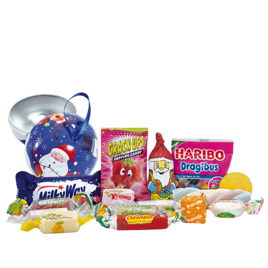 Boule Décor Noël en métal garnie de 16 confiseries