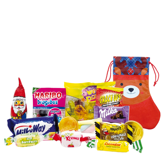 Pochon forme botte de Noël garni de confiseries