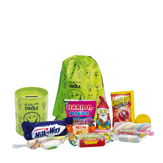 Sac piscine et tirelire pot à crayons et confiseries