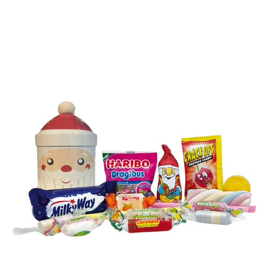 Boite métal décor Noël avec pompon garnie de confiseries