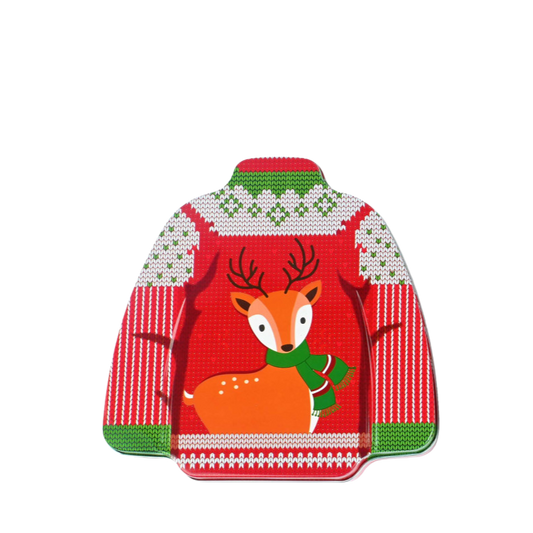 Boite métal en forme de pull décor noël garni de confiseries