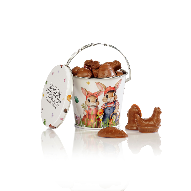 Seau Métal de Pâques : Assortiment Chocolats & Figurines chocolat artisanal