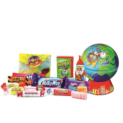Mappemonde Tirelire décor Noël garni de Confiseries