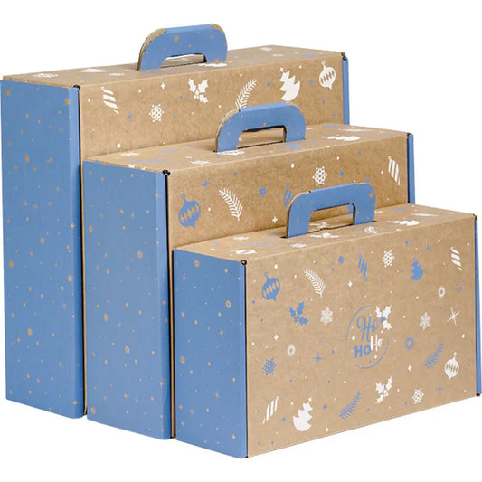 Valisette carton kraft rectangle HIVER EN FETES bleu/blanc